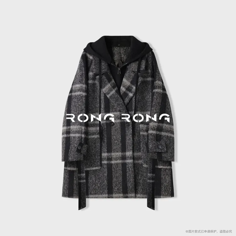 溶溶【暖调型格】RONGROMG羊驼毛绵羊毛拼接连帽休闲风呢大衣25D383