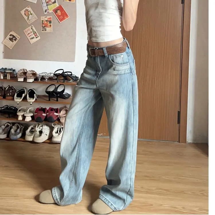 WANWAN同款慵懒风秋季直筒裤冰蓝女显瘦百搭春秋休闲宽松牛仔裤
