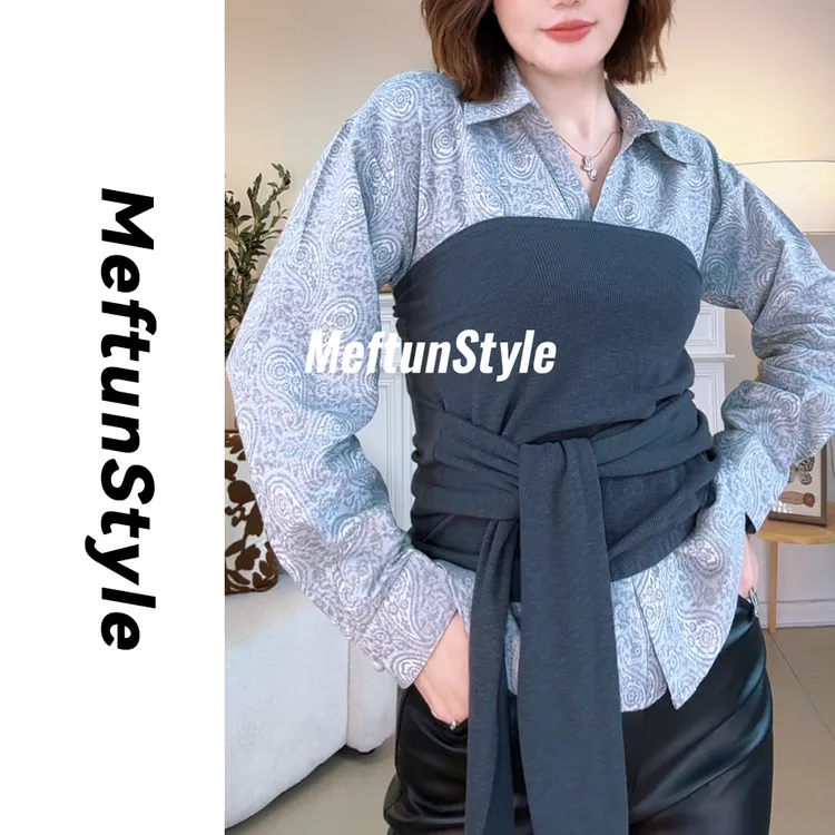 Maftun民族风腰果花收腰绑带衬衫韩版显瘦衬衣