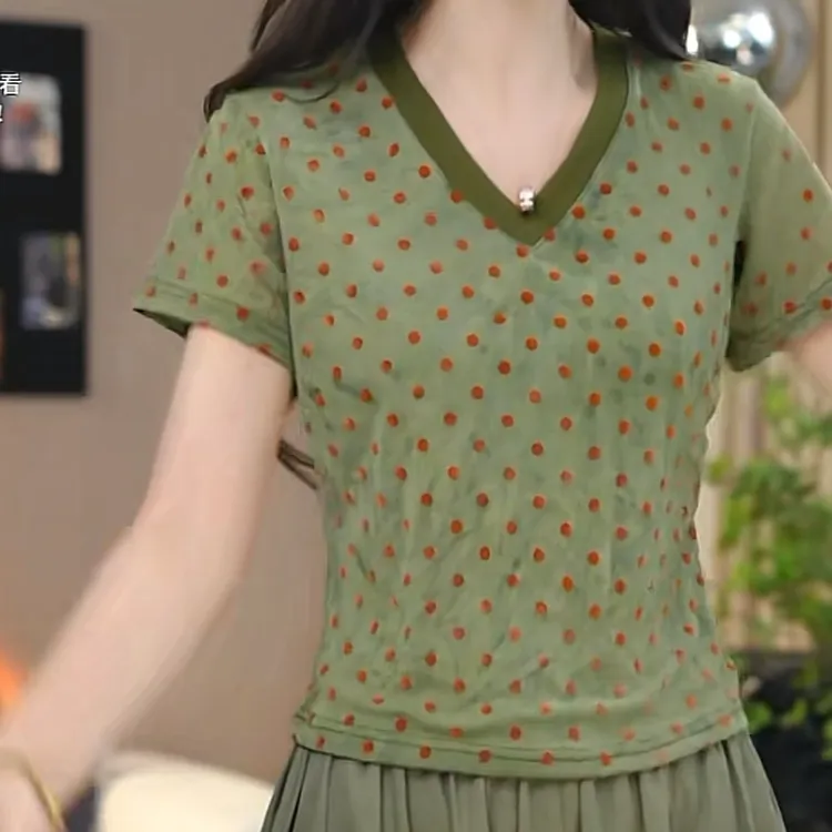 V领撞色百搭时尚设计收腰显瘦短袖上衣2025年夏季新款潮流爆款T恤