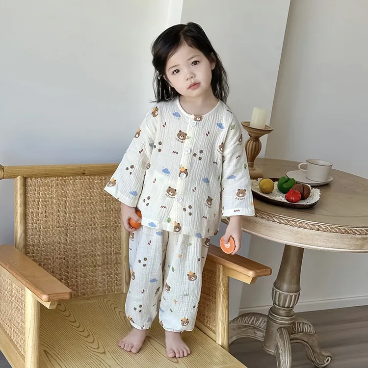 婴儿夏装双层棉纱睡衣长袖裤空调服开衫男童女宝宝儿童薄款泡泡棉