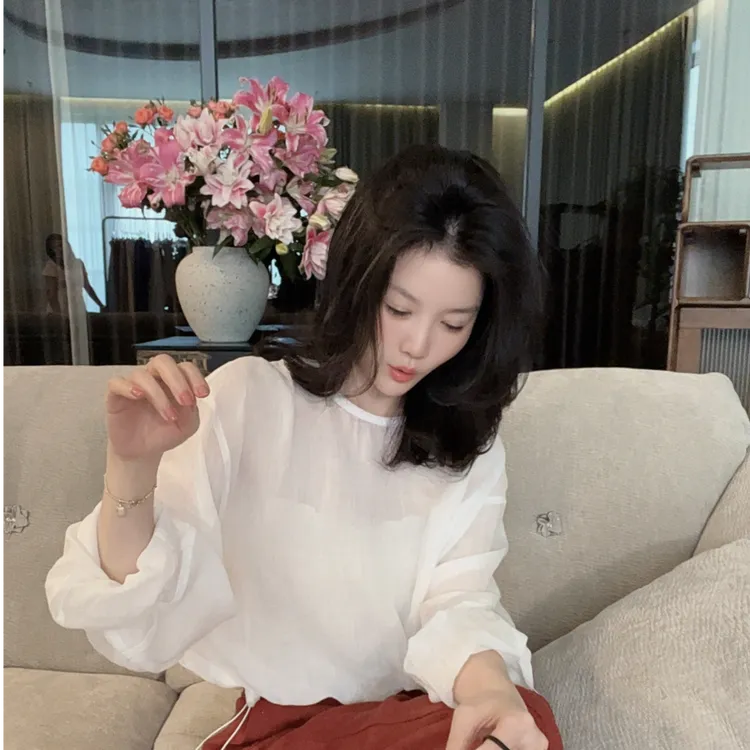 【悦悦专属】新款气质下摆抽绳长袖圆领衬衣Y277