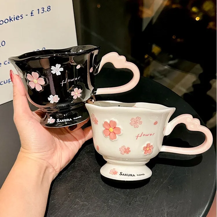 樱花陶瓷杯高颜值家用马克杯带勺办公室水杯创意早餐咖啡杯子女生