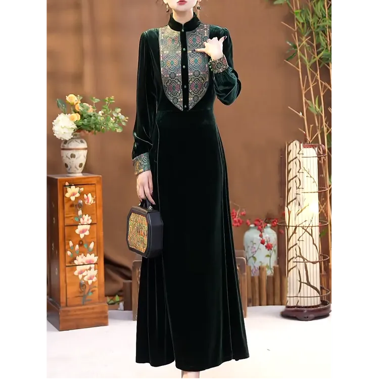 新中式国风改良旗袍连衣裙2025春秋新款文艺修身显瘦高贵旗袍长裙