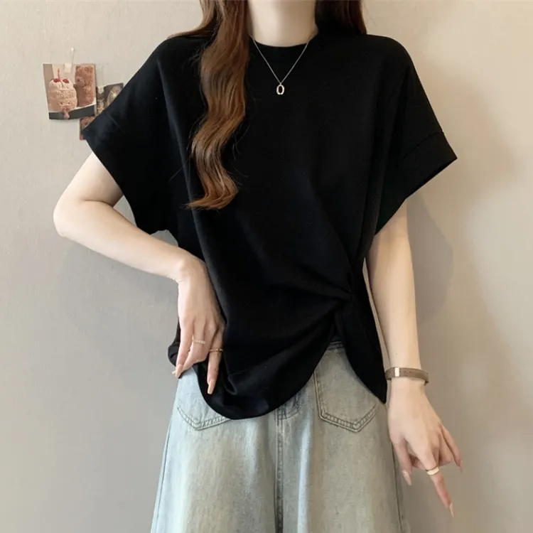 大码设计感扭结短袖T恤女夏季新款胖M宽松显瘦百搭洋气蝙蝠袖上衣