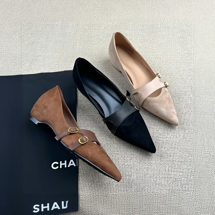 鞋子女ins潮牌百搭工作鞋秋冬尖头复古一字扣单鞋气质时尚内增高6