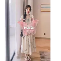 35-2024新款满印蝴蝶印花长袖款带胸垫可家居可外穿睡裙