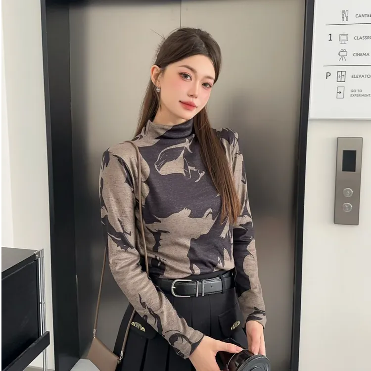 【新款】双面德绒印花半高领离子发热德绒保暖长袖打底秋冬新款1101