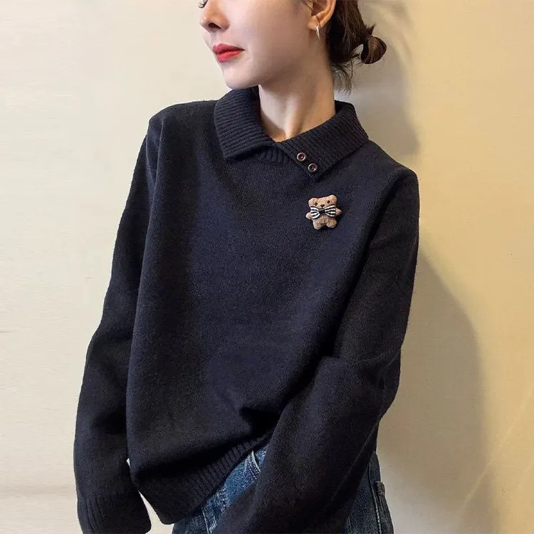 【80-180斤】Polo领布娃娃卡通针织上衣女秋冬设计感洋气毛衣打底衫