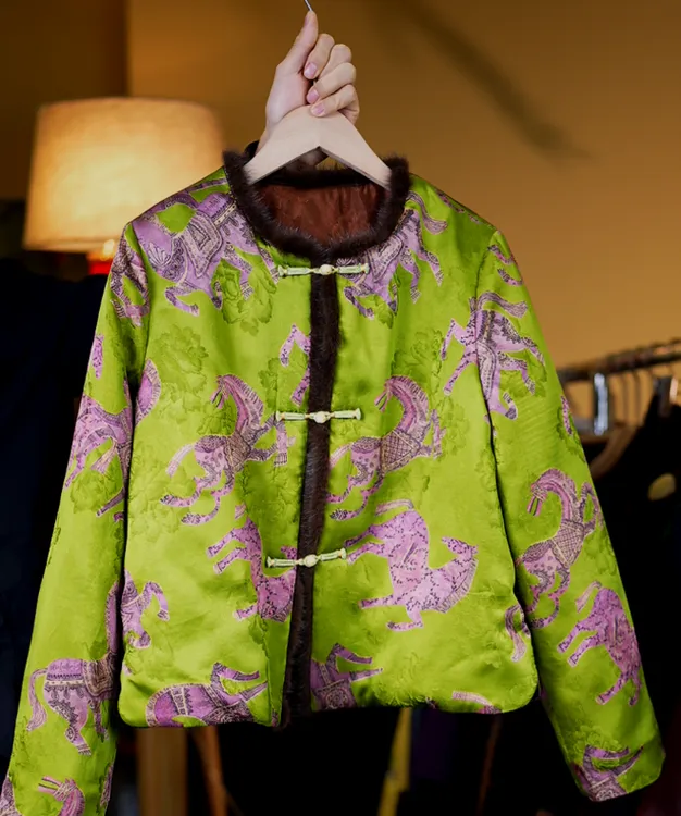 马上有钱<非遗美学>>2046新中式国风复古提花盘扣水貂蚕丝棉袄