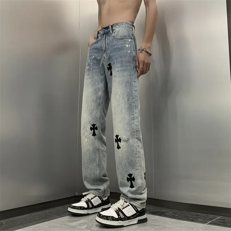 克罗心新品春夏季十字架牛仔裤男美式复古做旧宽松直筒高街嘻哈vi