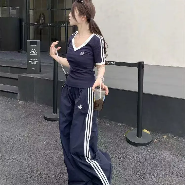 夏季美式运动风V领正肩T恤休闲阔腿裤套装