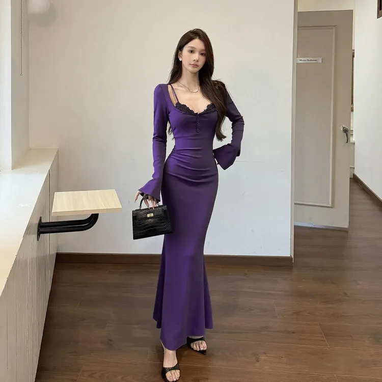 纯欲风蕾丝花边假两件连衣裙爆款2025秋季御姐气质显身材鱼尾裙