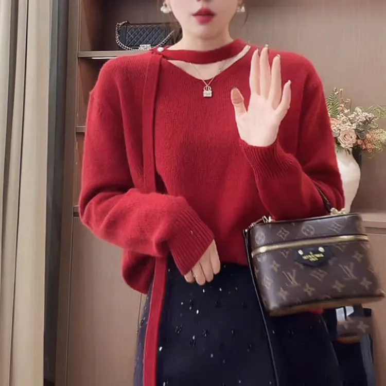 2025秋冬新款小众设计感V领飘带套头毛衣时尚气质韩系软糯针织衫