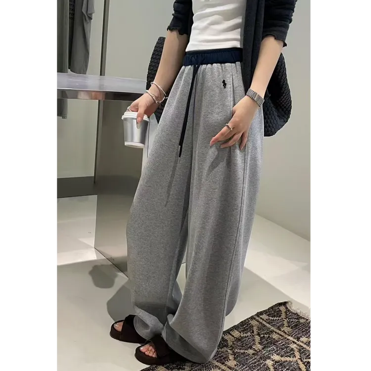 2025秋季慵懒风刺绣灰色阔腿裤女宽松时尚运动卫裤百搭拼色休闲裤