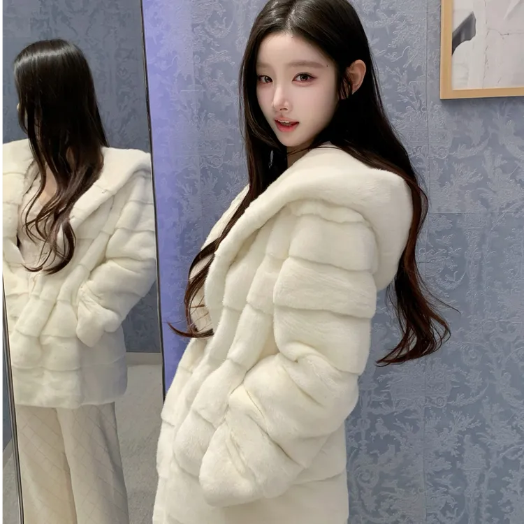 【娇娇貂】定染连帽中长款环保仿貂皮草氛围感皮毛一体毛毛外套女