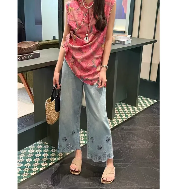 九分牛仔裤女刺绣花边镂空高级感2025新款夏季轻薄韩版高腰九分裤