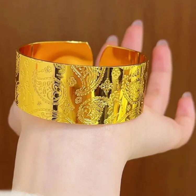 铜合金手镯  金店同款镀金异域敦煌金色25mm宽手镯的民族风手镯