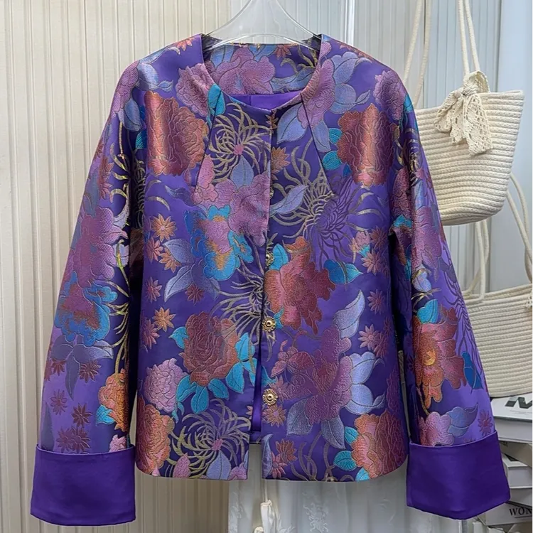 【紫菱】新中式国风牡丹花提花织锦外套气质轻奢上衣女