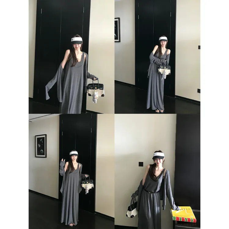 “soft慵懒纸片人”仿亚麻长裙开衫套装纯欲慵懒风女装C 9158