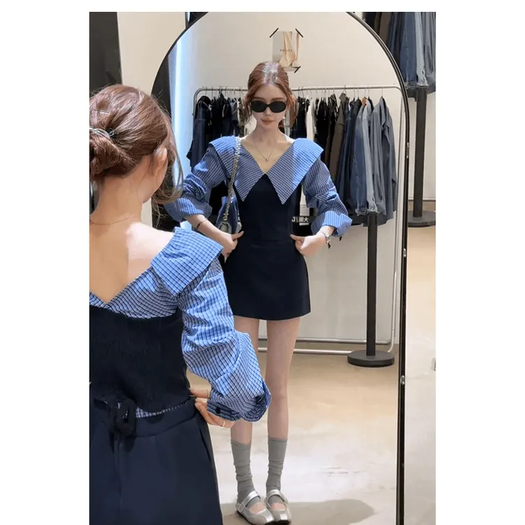 独特漂亮小衫韩系穿搭修身拼接格纹V领上衣气质高腰显瘦A字半身裙