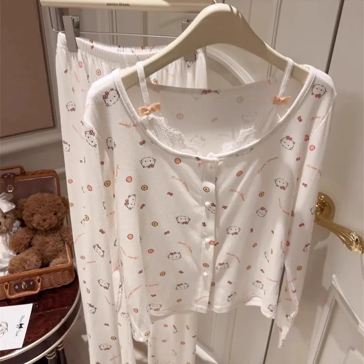 【少女可爱凯蒂猫印花睡衣】春秋款纯欲吊带蕾丝假两件家居服套装