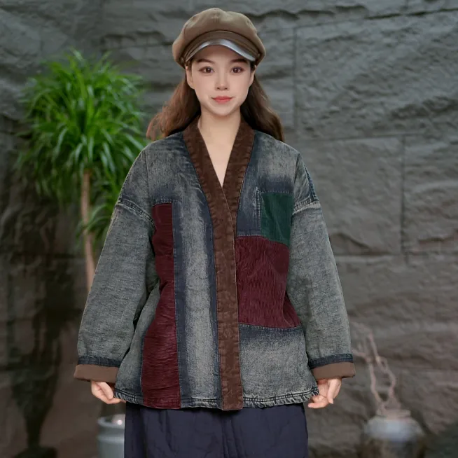 【拼接撞色加厚棉服】系带女V领翻领短外套外套棉袄设计师女装加厚