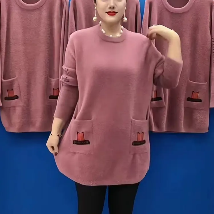 秋冬季潮流圆领中长款妈妈装保暖针织衫时尚遮肉舒适气质潮流毛衣