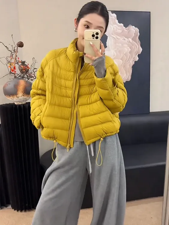 立领短款排骨白鸭绒羽绒服外套女2025冬季新款小个子休闲轻薄上衣