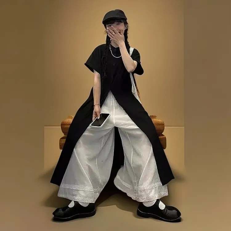 显瘦高腰半身裙裤松紧腰带内衬女夏季薄款大摆阔腿裤花边长裤半裙