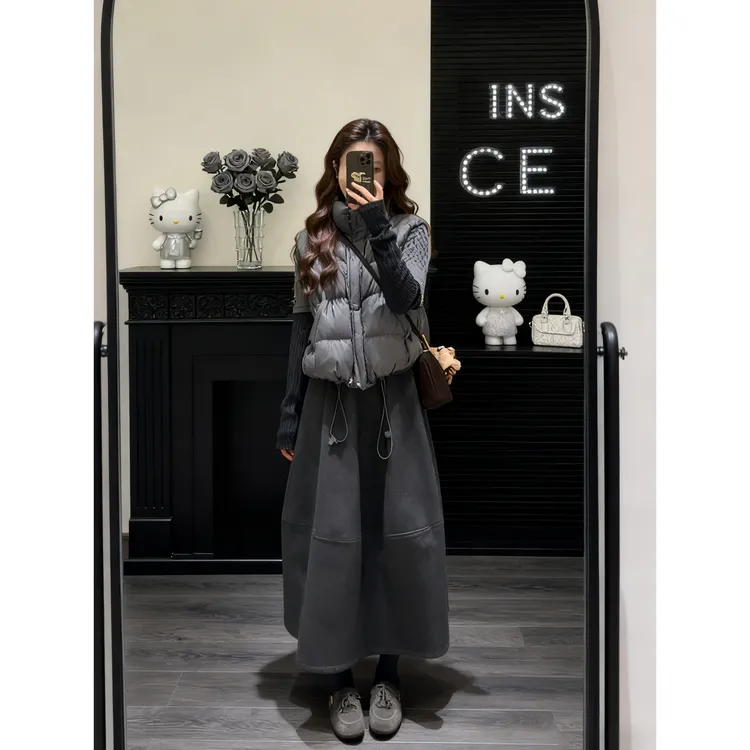 INS CEC秋冬新款韩系设计感立领棉服外套上衣高腰A字半身裙子套装