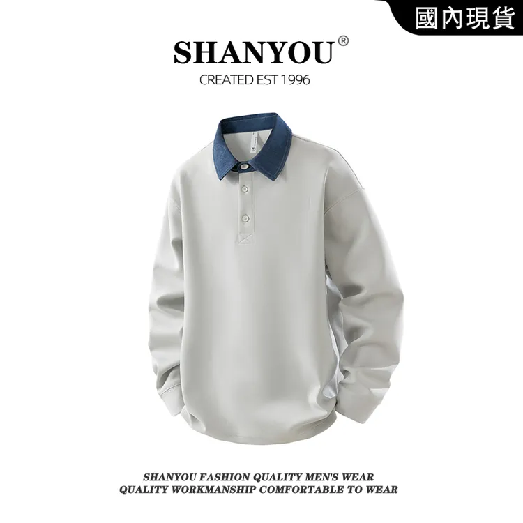 美式重磅polo领卫衣男生秋2025新款宽松假两件长袖T恤打底衫上衣