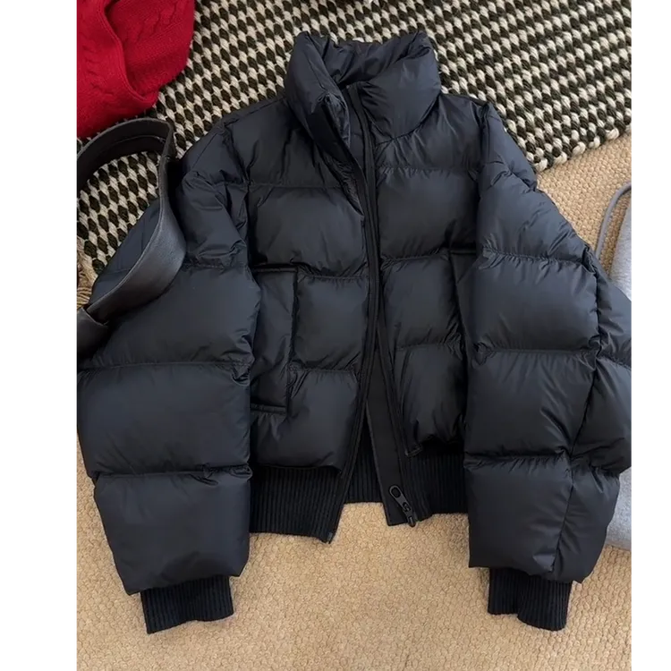 黑色短款立领面包服外套女2025冬季新款小个子韩系高级感保暖棉服