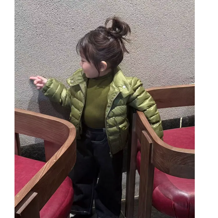 壹妈童装女童韩版纯色时尚百搭冬季加厚拉链羽绒服时髦蓝色牛仔裤