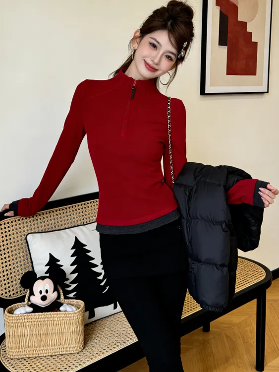 2025流行爆款半拉链打底衫女秋冬季百搭保暖内搭纯色德绒洋气上衣