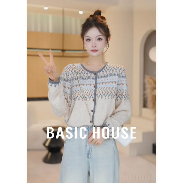 Basic House/百家好秋季新款费尔岛复古宽松针织开衫B1195B5Z062