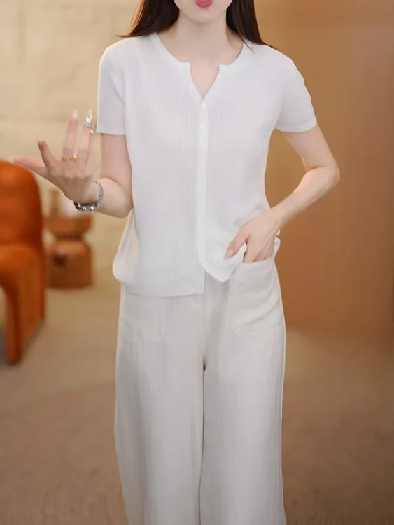 天丝+桑蚕丝夏季V领薄款短袖开衫女2025新款百搭气质显瘦纯色上衣