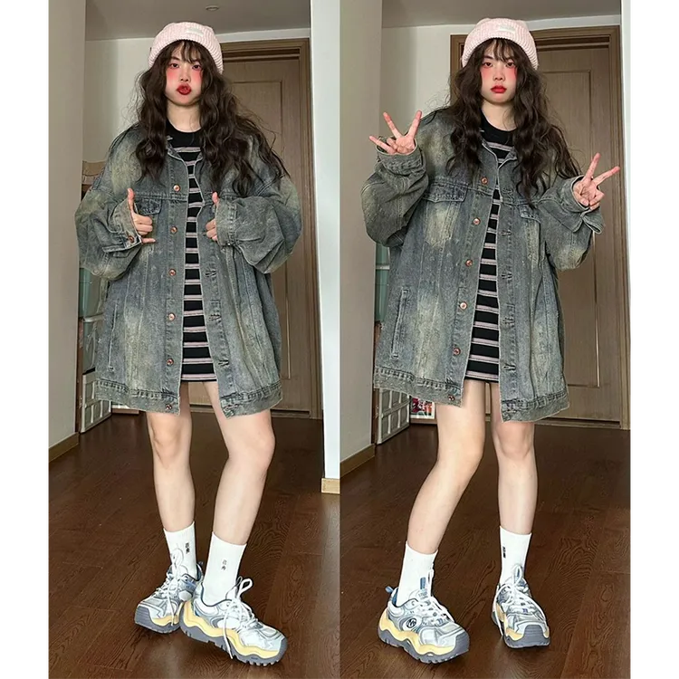 美式复古百搭牛仔外套女春秋款大码微胖mm宽松显瘦慵懒风外搭上衣