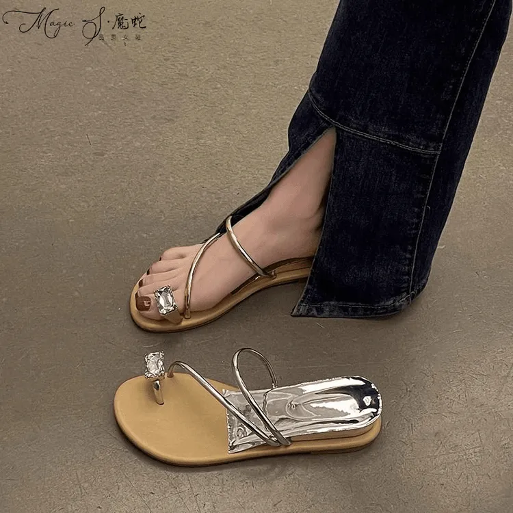 【万达撤柜】凉鞋女款爆款2025新款水钻夹趾仙女夏季外穿沙滩气质女