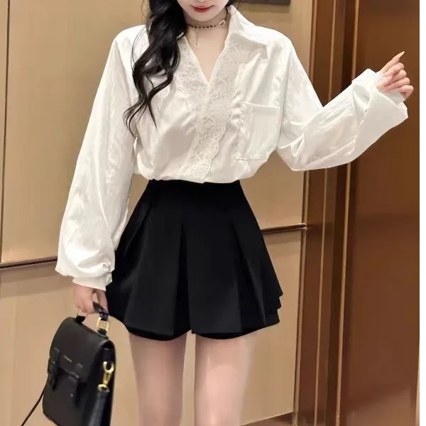2025春季新款设计感小众宽松蕾丝拼接长袖衬衫+时尚百搭裙裤套装