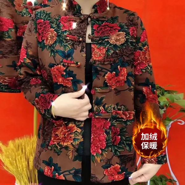 秋冬款女装加绒加厚保暖衣2025新款民族风印花开衫中老年妈妈衬衫