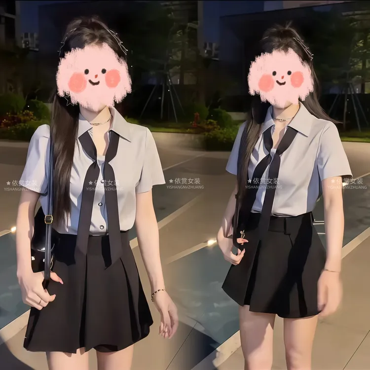 韩版宽松洋气休闲百搭短袖V领配领带灰色衬衫半身裙两件套套装女