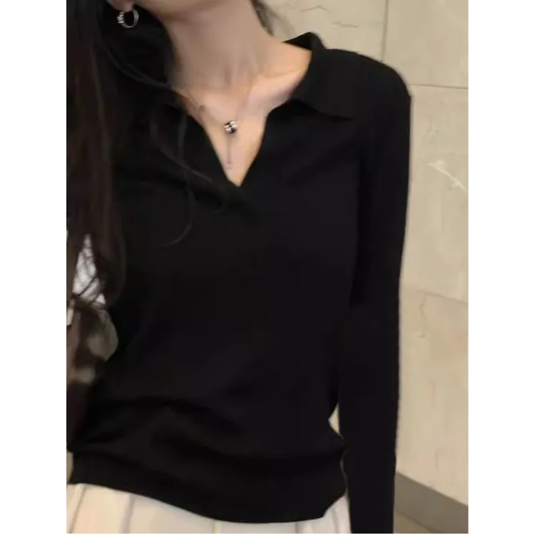 黑色显瘦长袖V领修身T恤女早秋新款法式polo领修身显瘦打底衫上衣