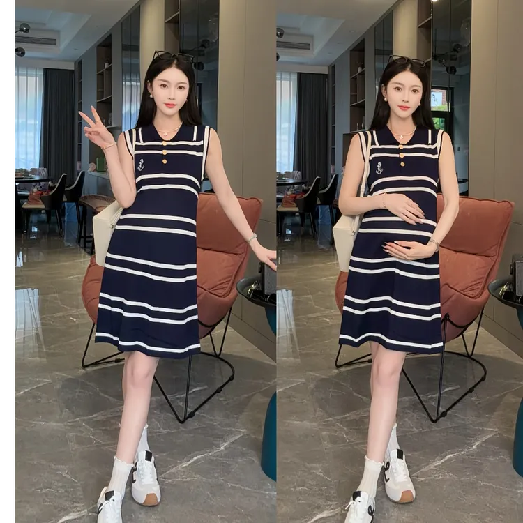 2025时尚宽松潮孕妇夏季Polo领条纹连衣裙休闲减龄显高短裙小个子