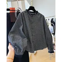 D02276韩系穿搭早秋木耳边领长袖复古格子衬衫女宽松巨好看的上衣