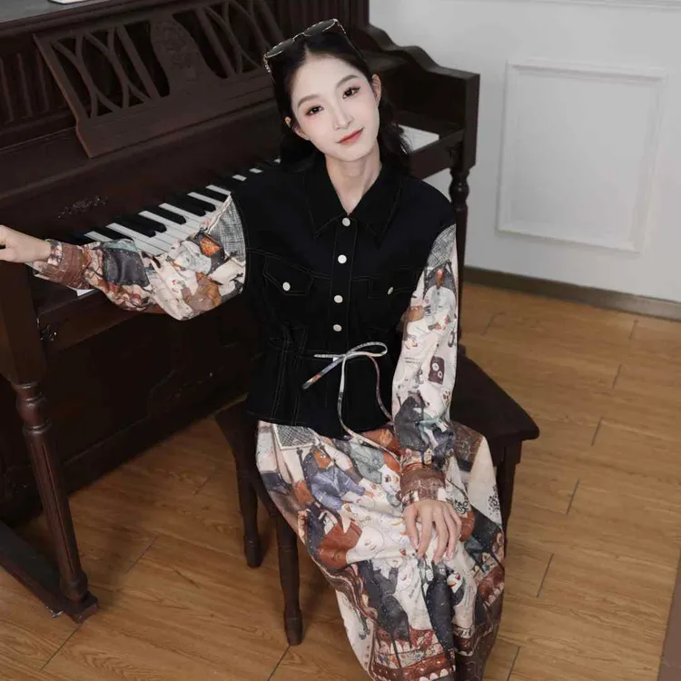 两三事【平行宇宙】禅意仙气飘飘灯芯绒复古印花拼接假两件连衣裙