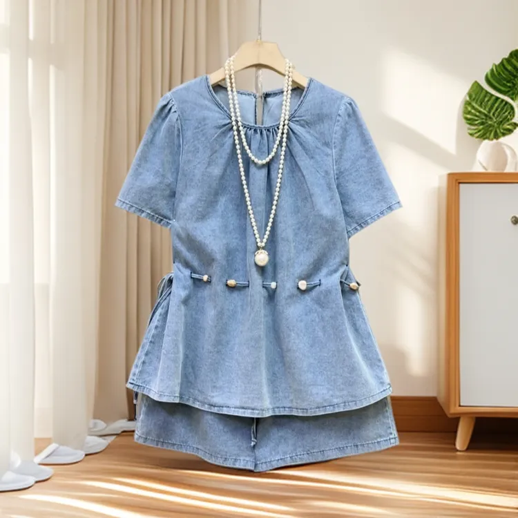 大码休闲风短袖上衣女高腰短裤套装胖mm2025夏季新款显瘦宽松女装