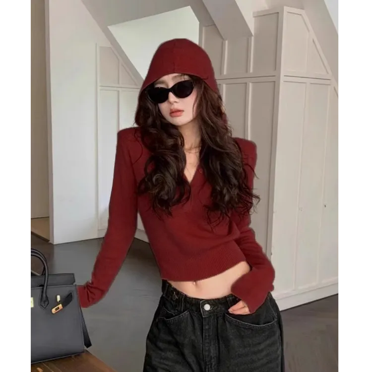 美式辣妹橘色连帽针织衫女秋季设计感修身收腰长袖毛衣内搭短上衣