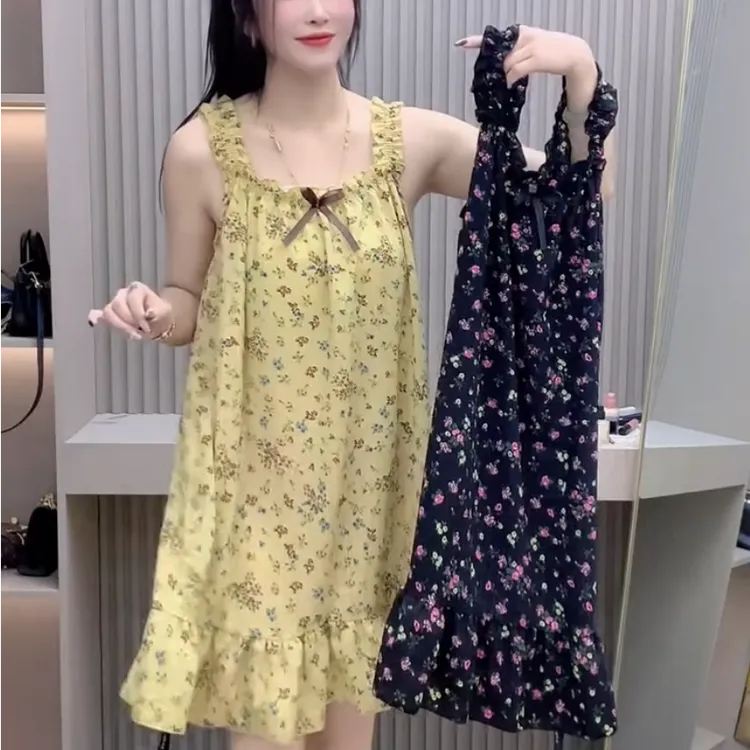 2025春夏新款碎花蝴蝶结吊带宽松时尚显瘦小清新家居服睡裙女