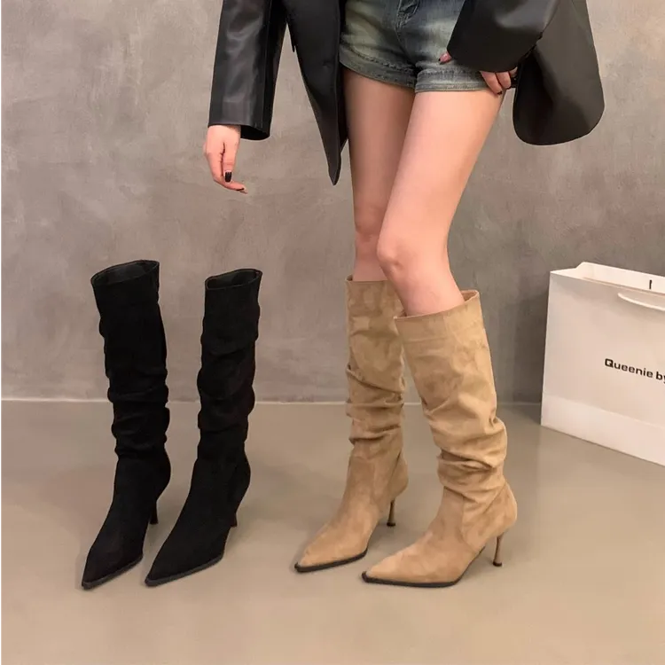 高跟尖头卡其色绒面堆堆长靴女鞋2025春秋季单靴瘦瘦长筒骑士靴子